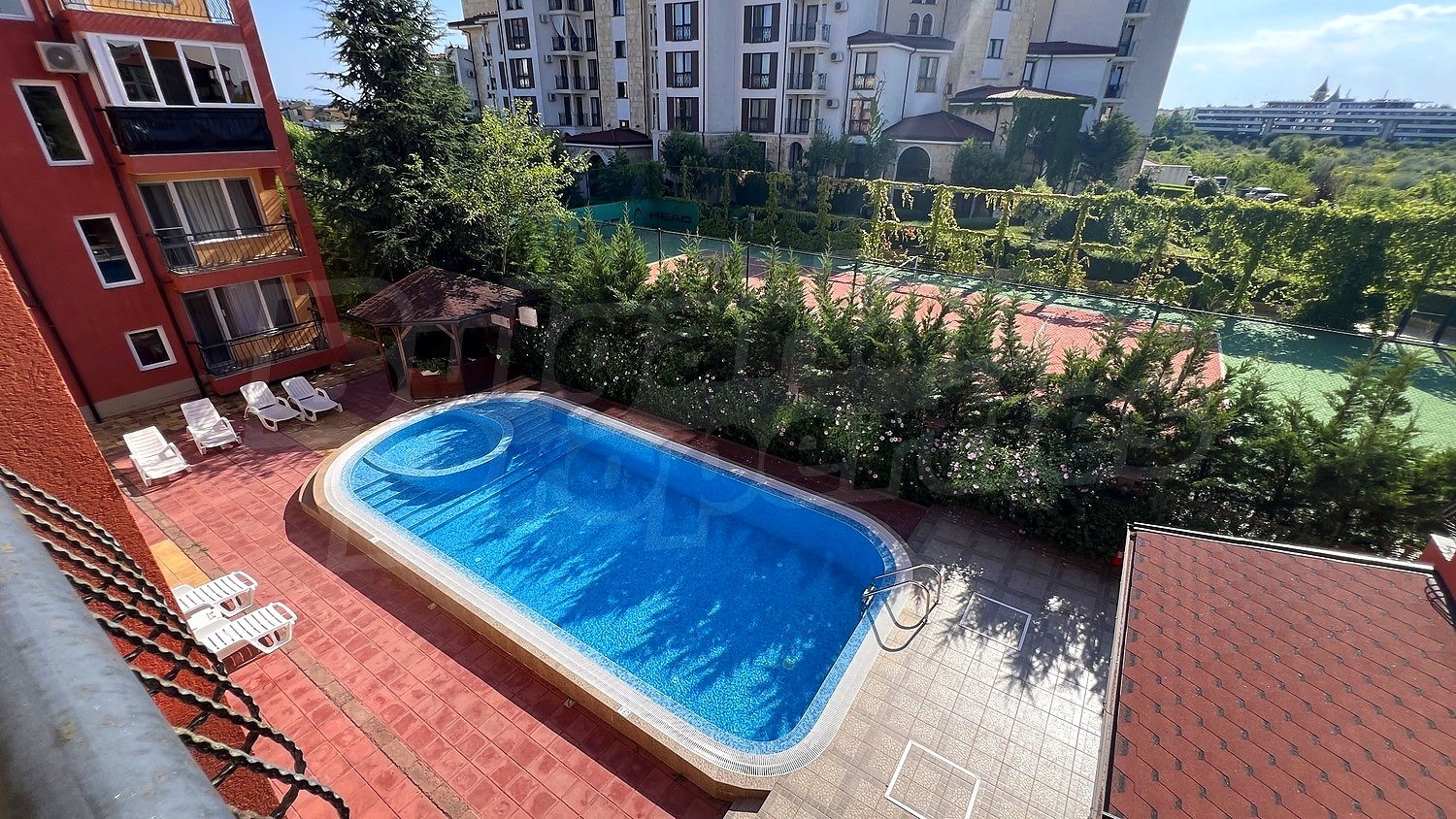 pool, garden, outside, view from balcony