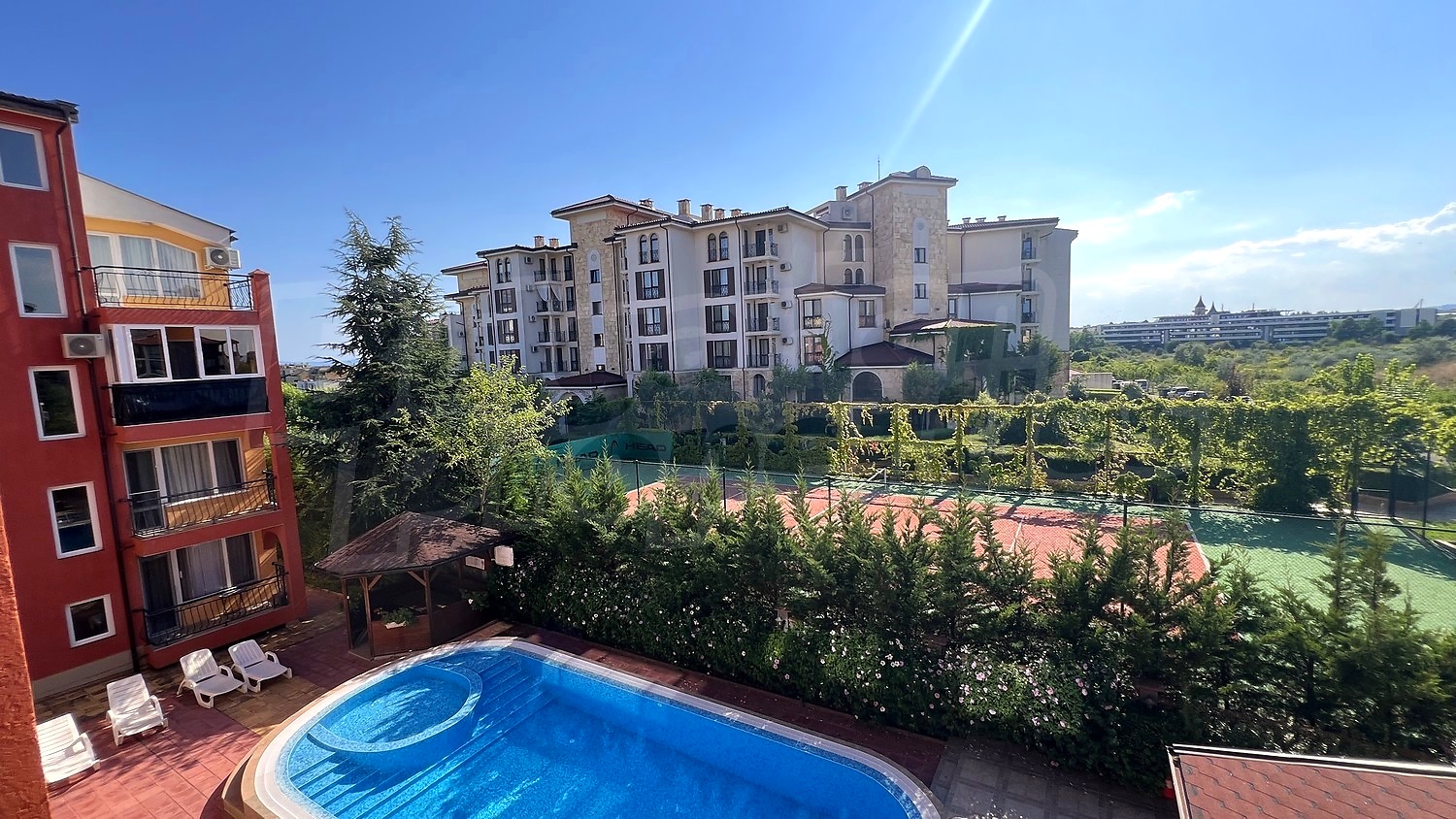 outside, pool, garden, view from balcony