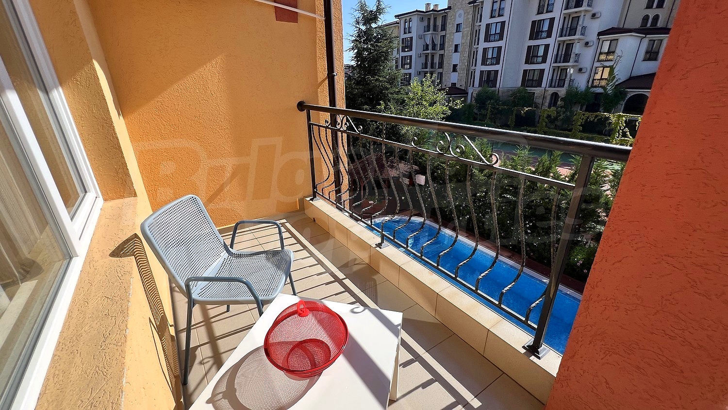 balcony, outside, pool, view from balcony