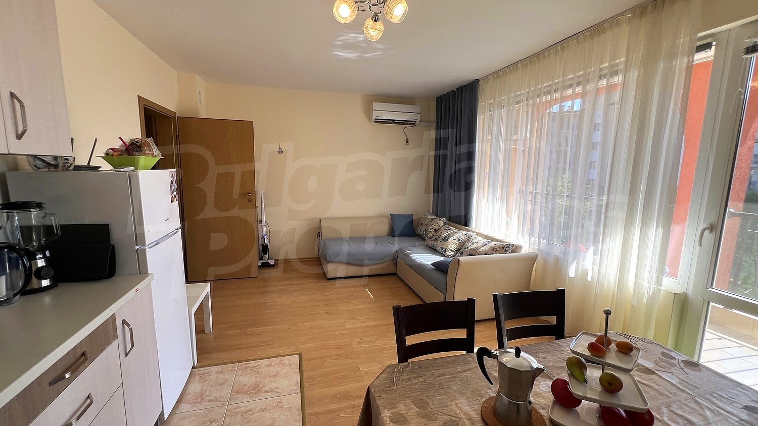 inside, living room, kitchen, balcony, furnished
