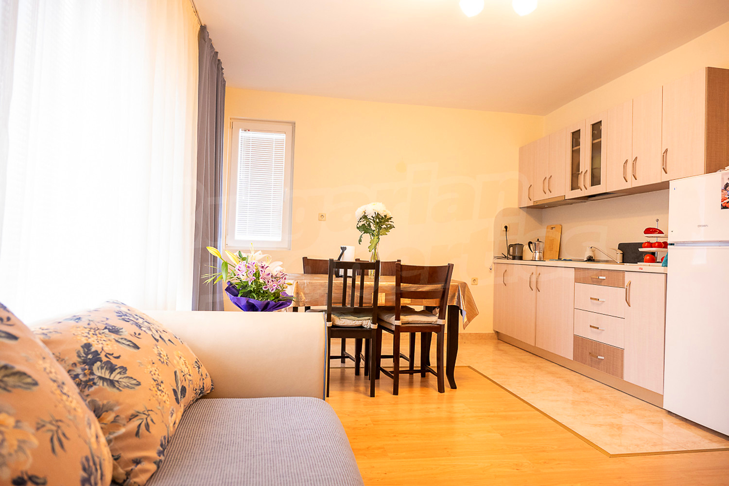 inside, kitchen, living room, furnished
