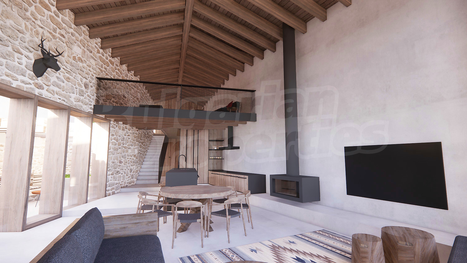 inside, living room, furnished, fireplace