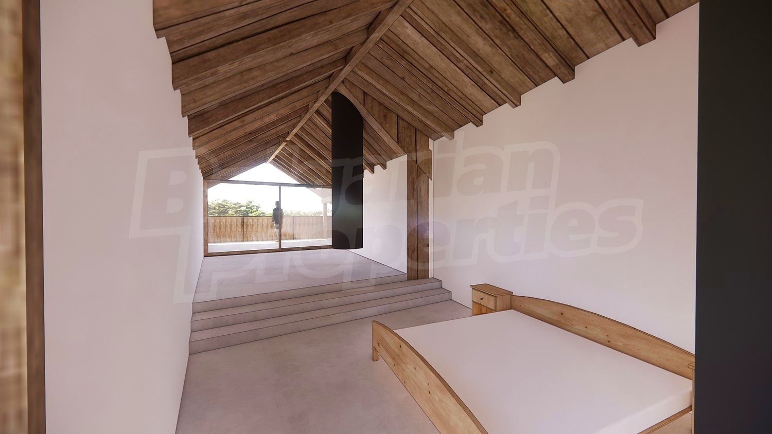 inside, bedroom, view from balcony