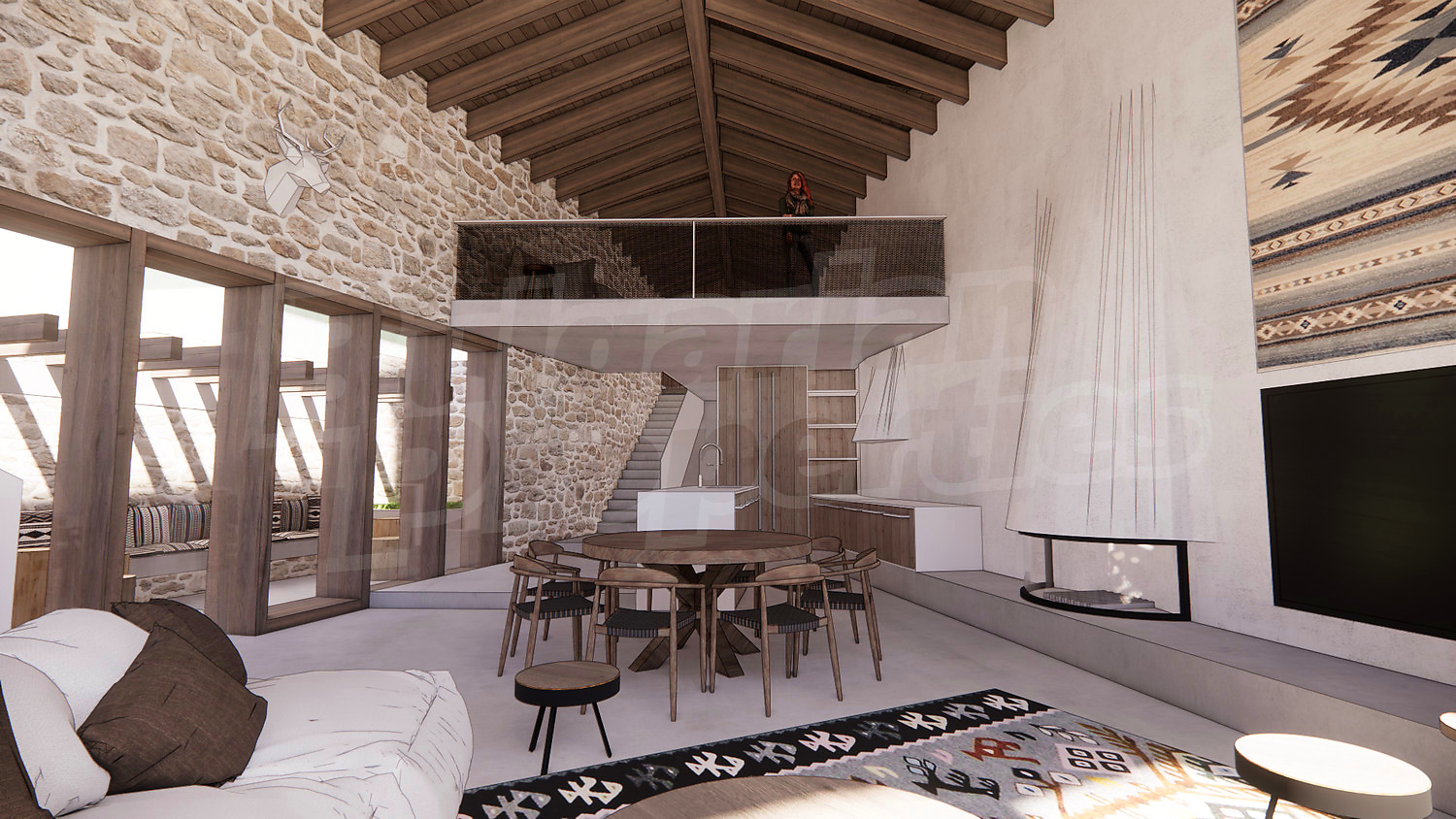 inside, living room, furnished, fireplace