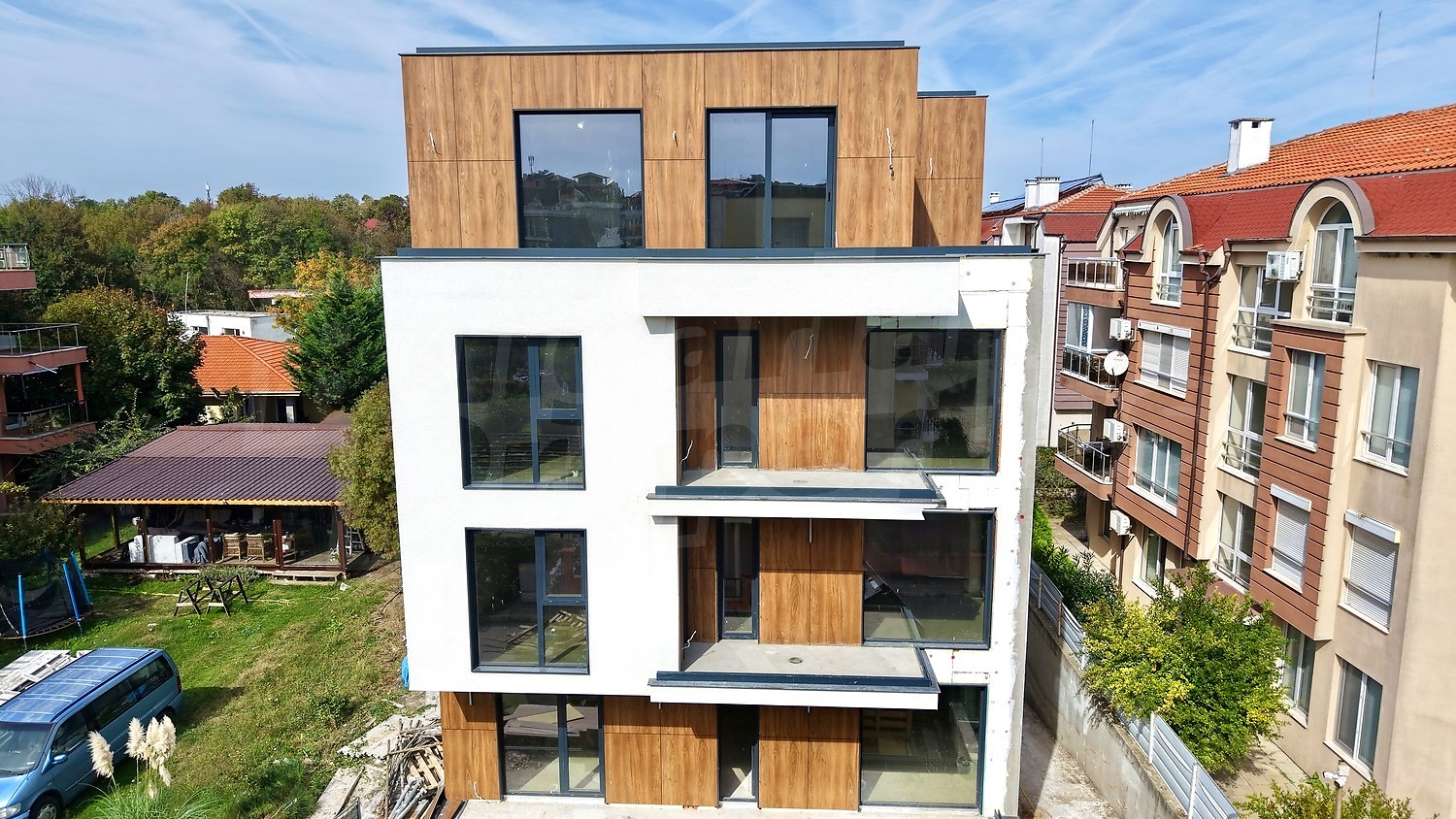 facade, outside, green area