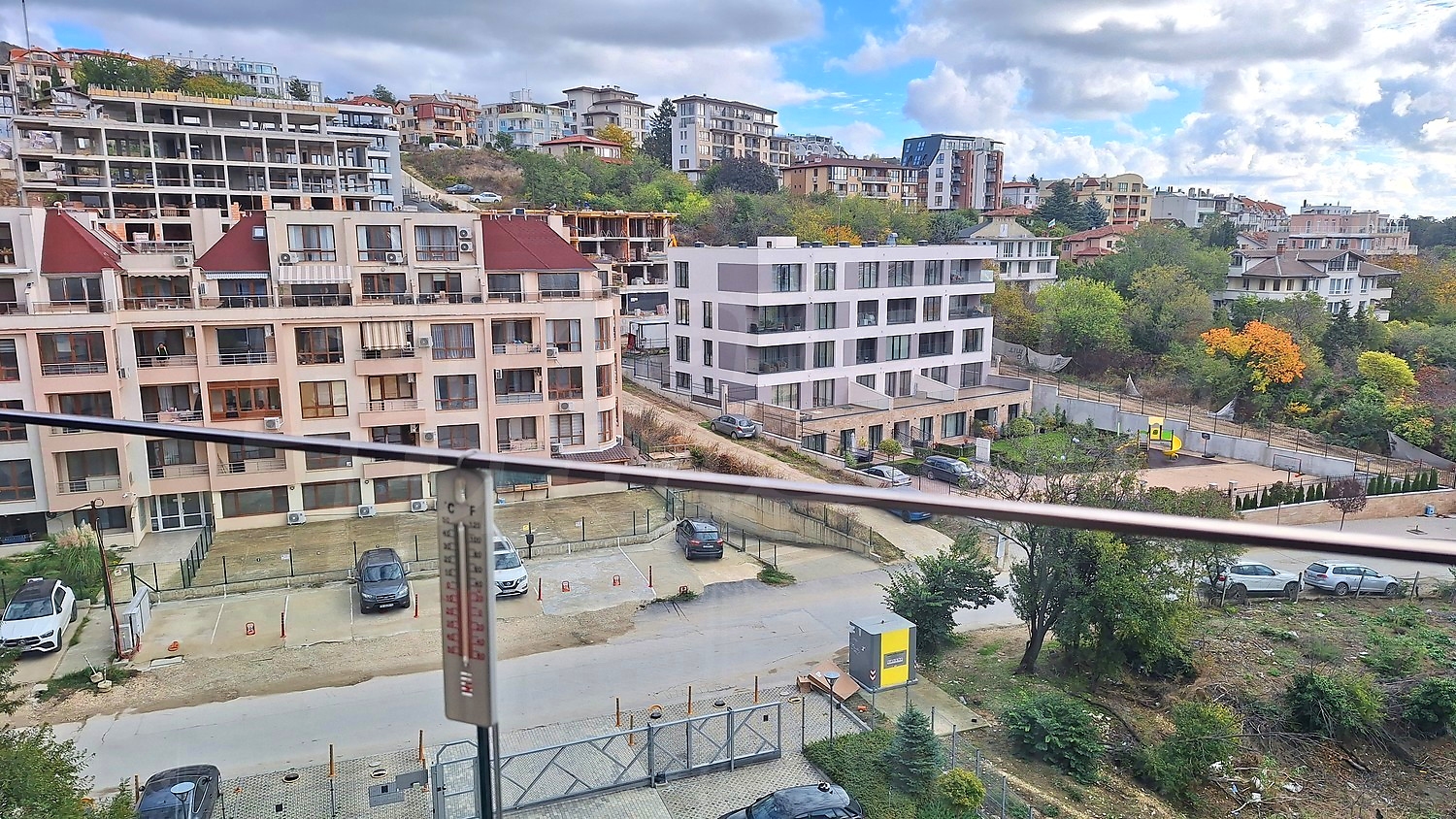 outside, view from balcony, parking, facade