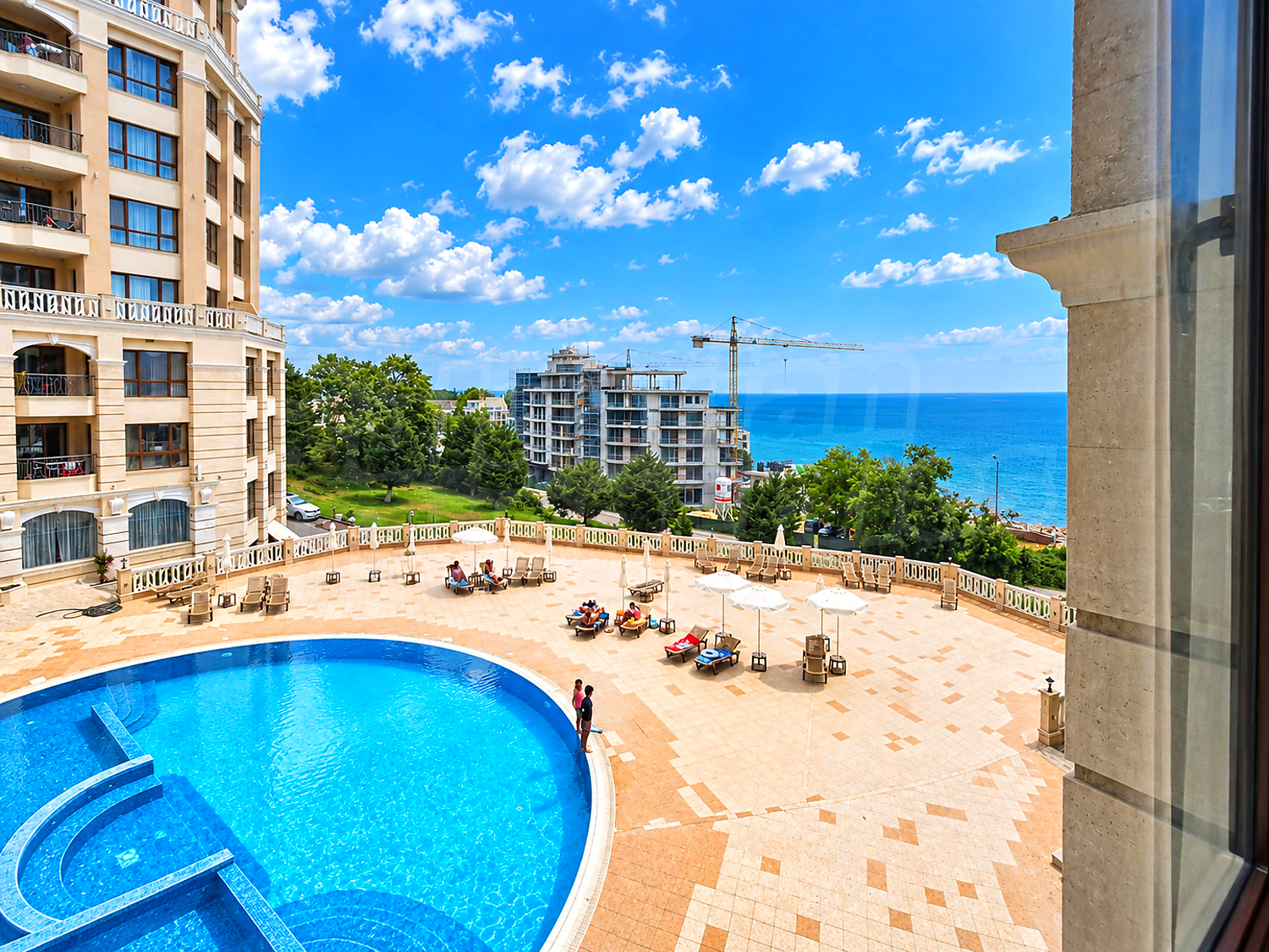 outside, pool, sea, view from balcony, facade, green area