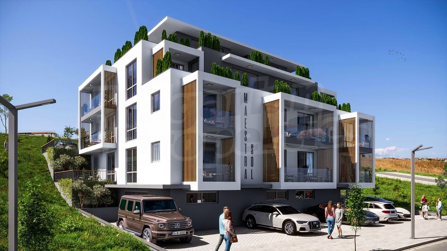 outside, facade, parking, green area