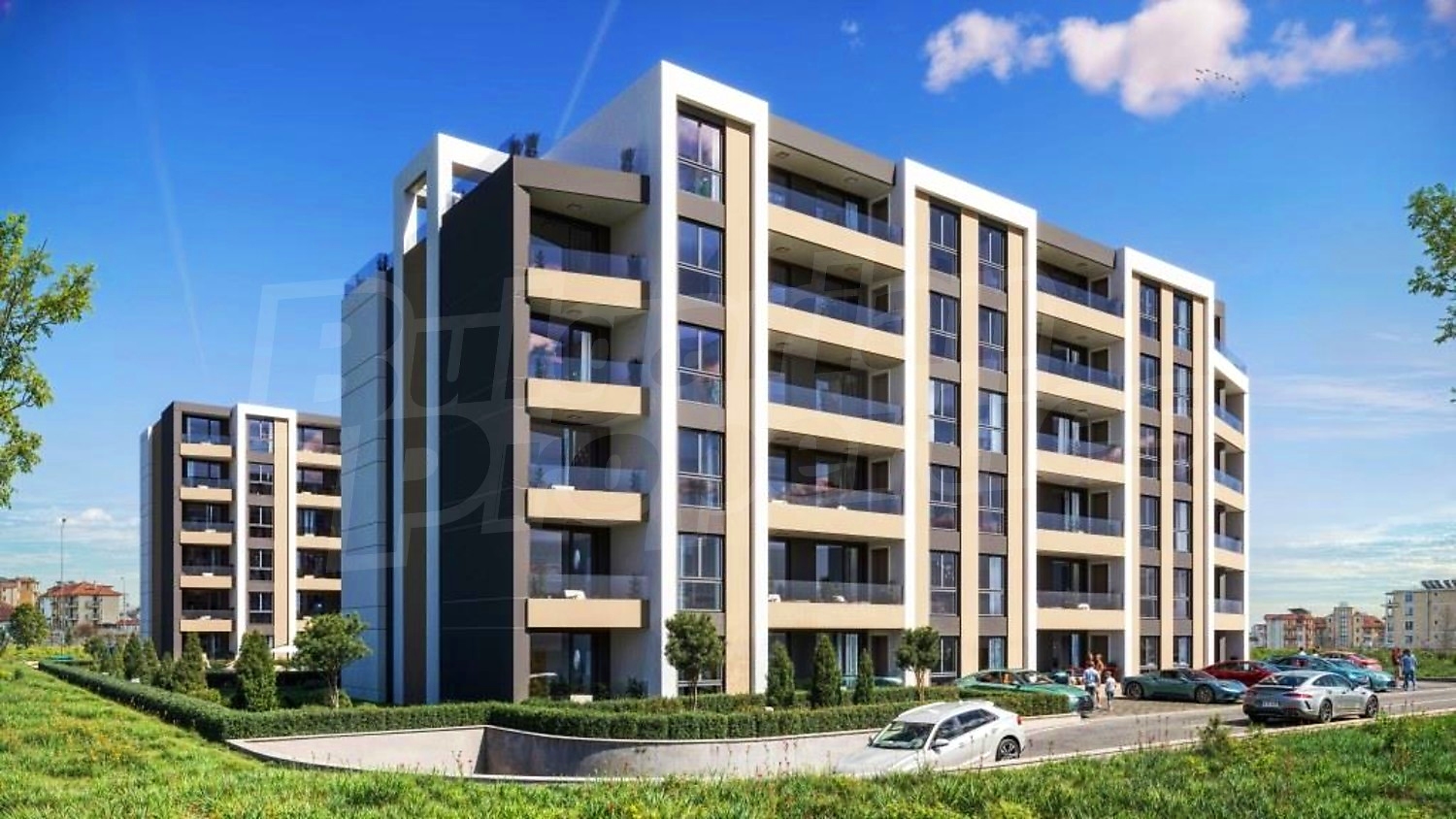 outside, facade, parking, green area
