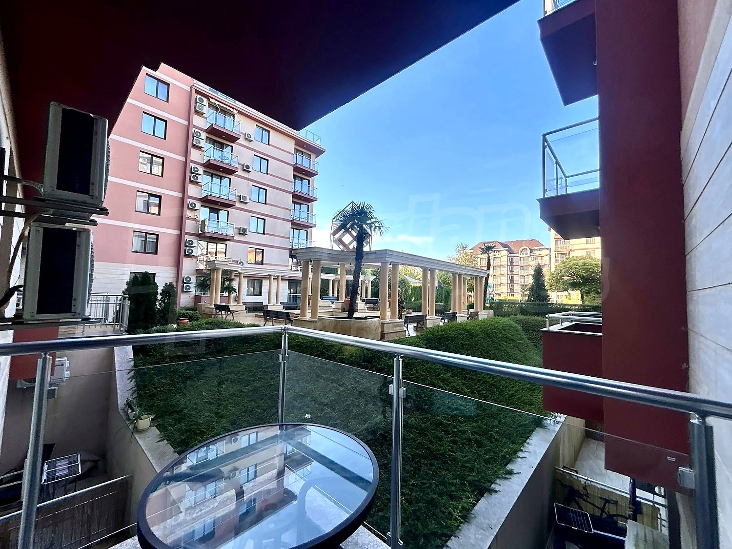 outside, balcony, view from balcony, facade, green area