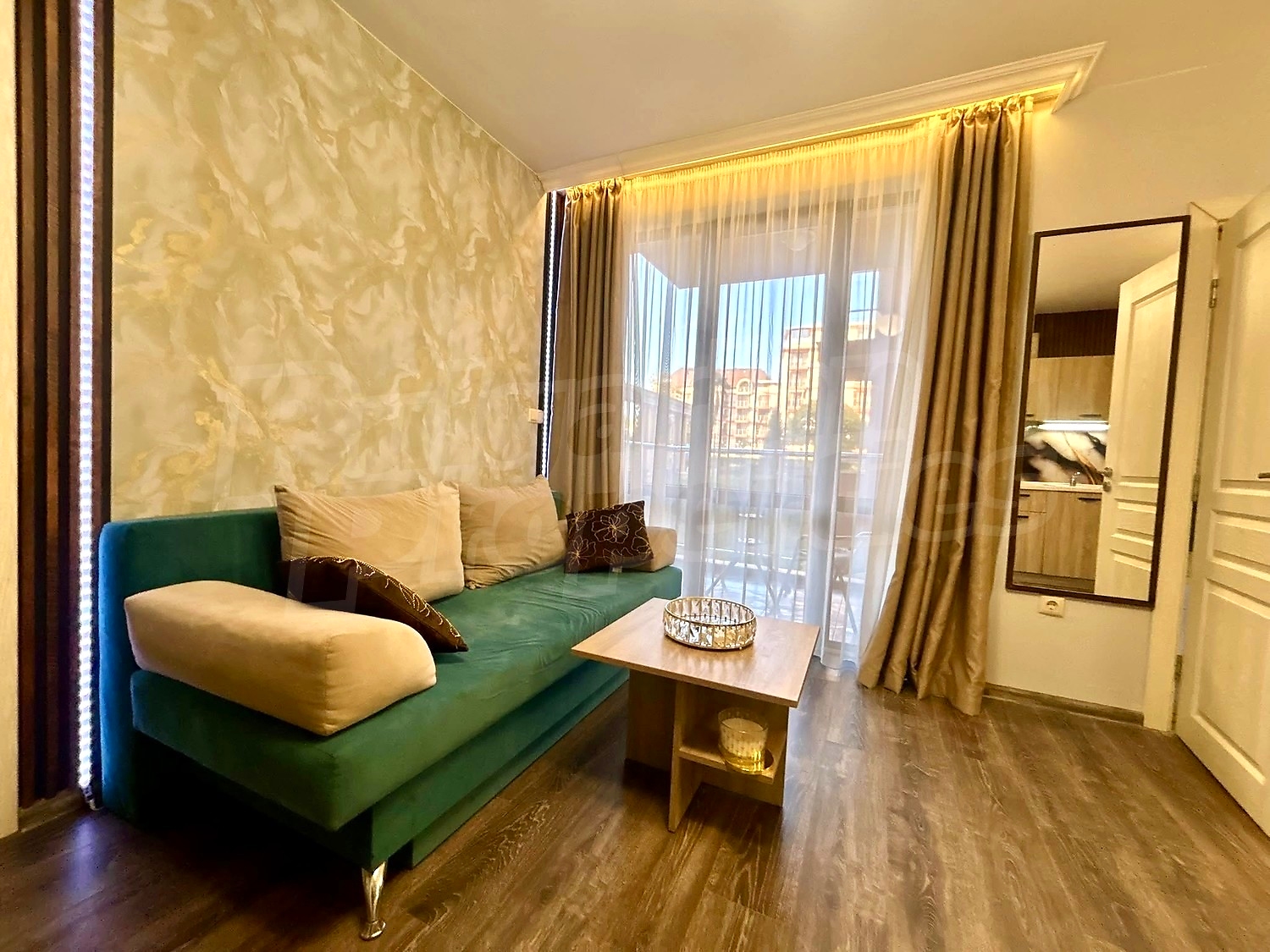 inside, living room, furnished, view from balcony