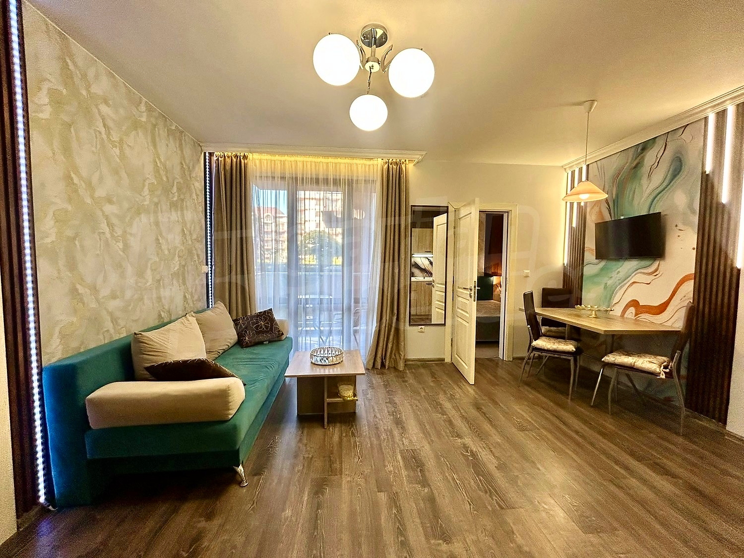 inside, living room, furnished, view from balcony