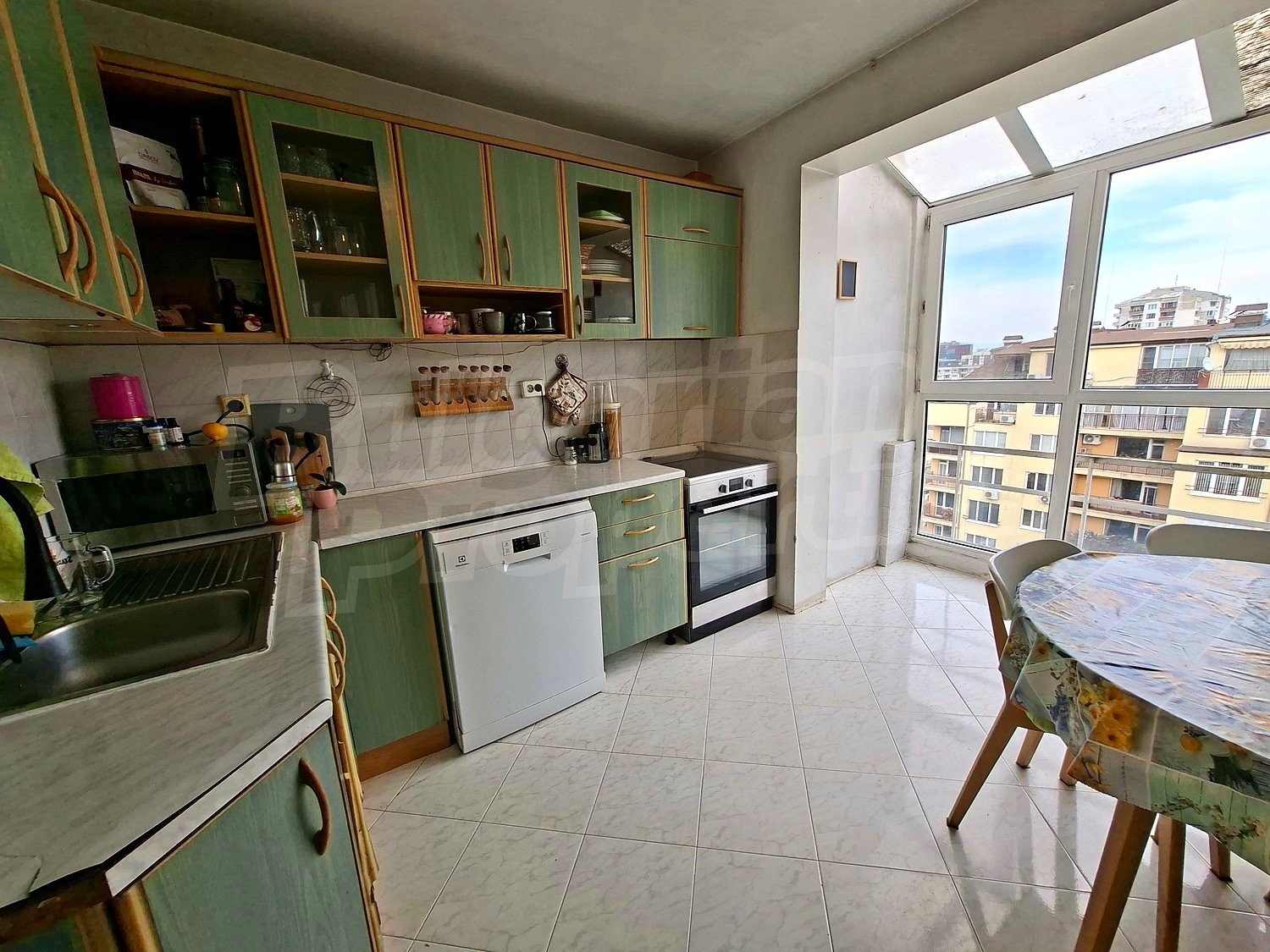 inside, kitchen, view from balcony