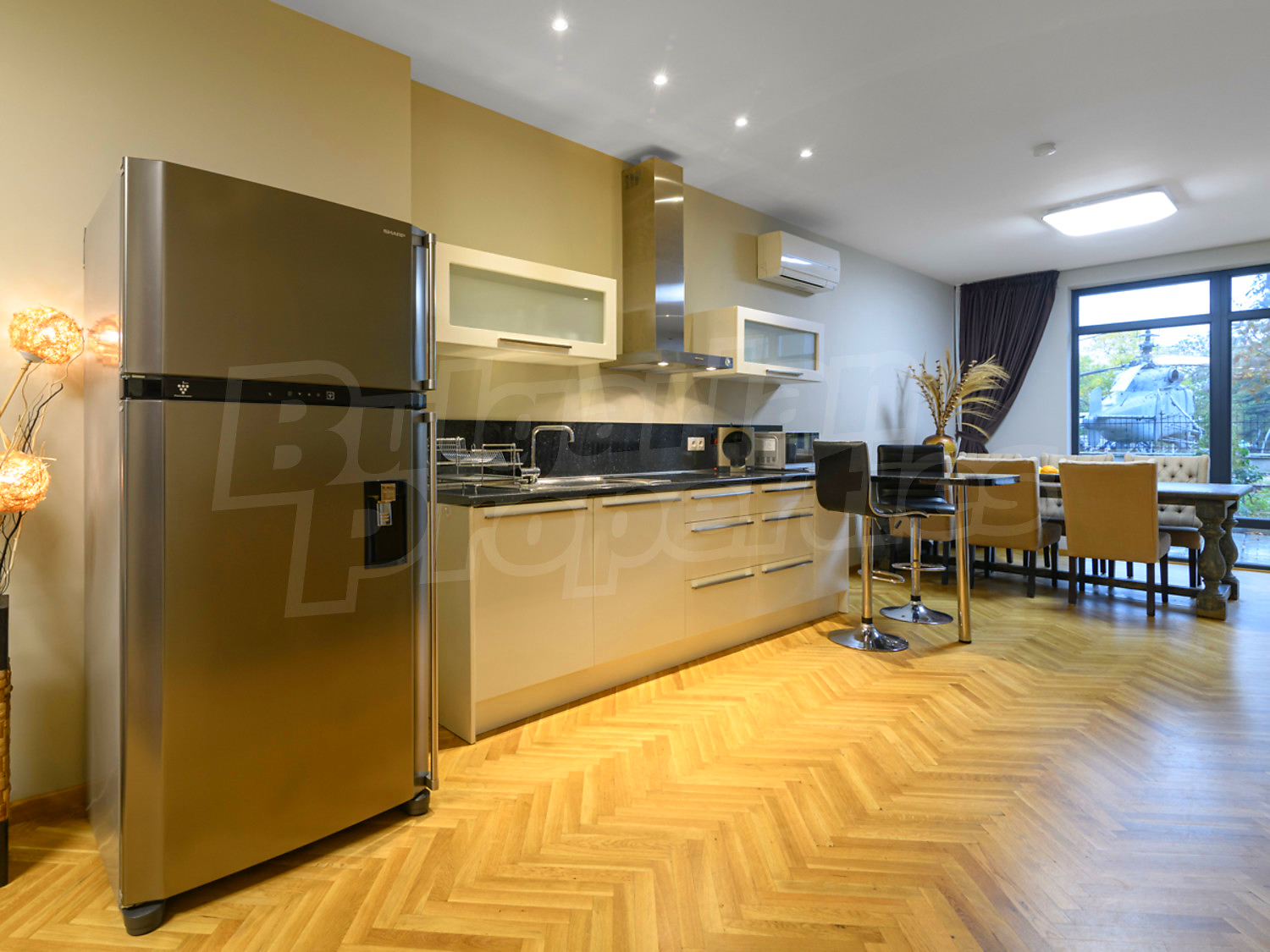 inside, kitchen, living room, furnished