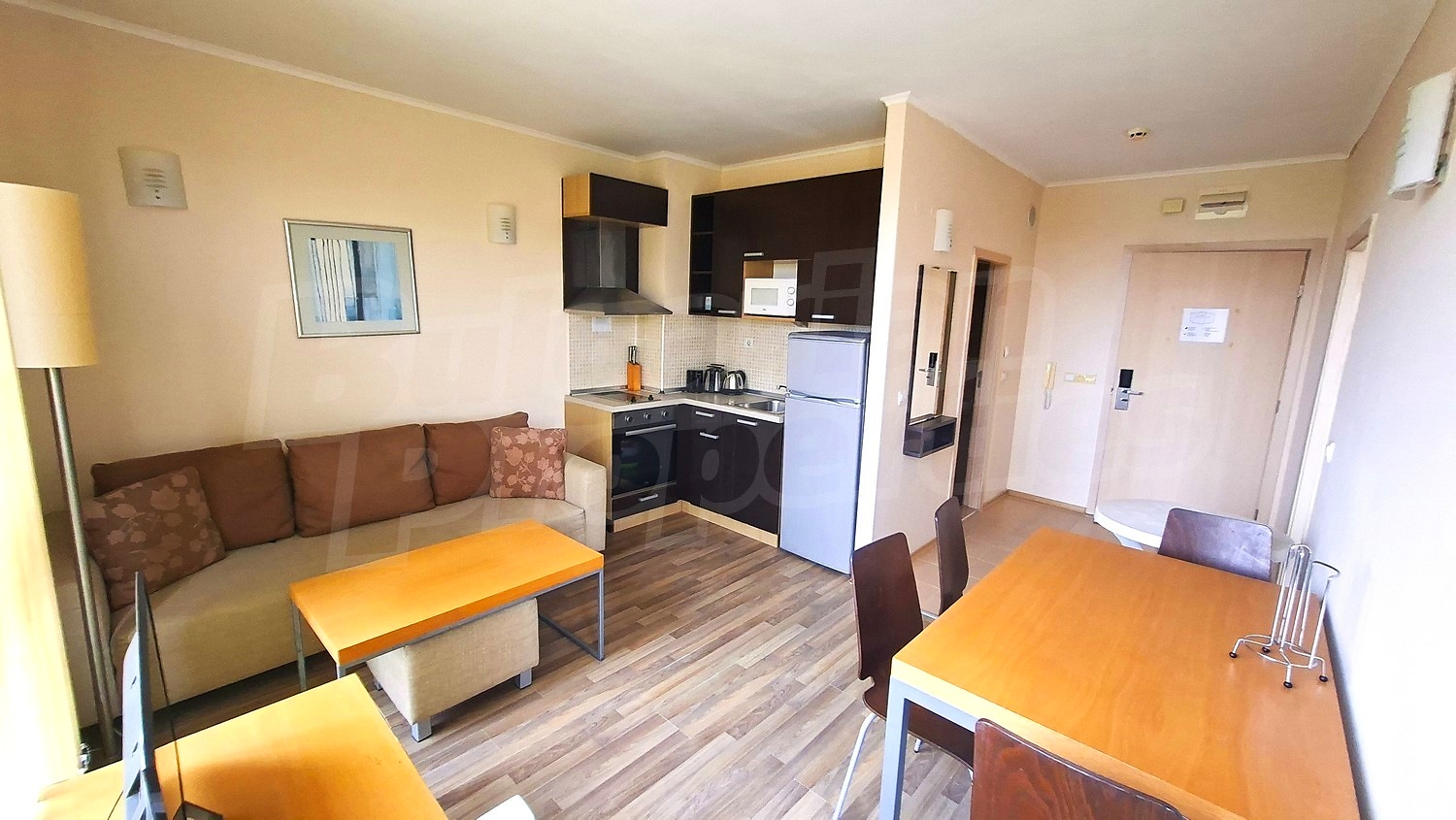 inside, kitchen, living room, furnished