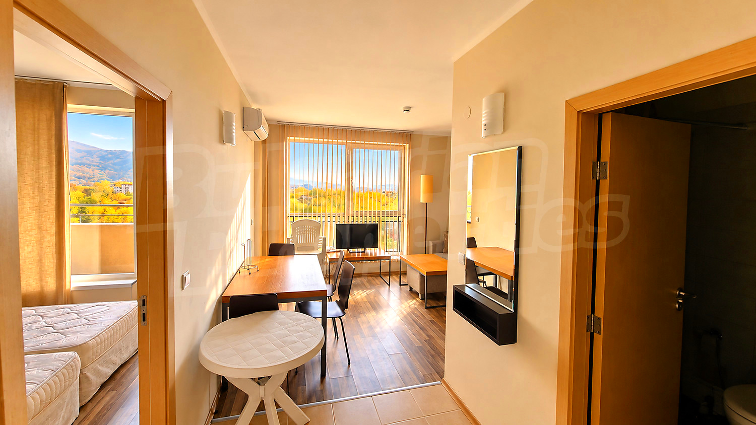 inside, living room, bedroom, balcony, view from balcony, furnished