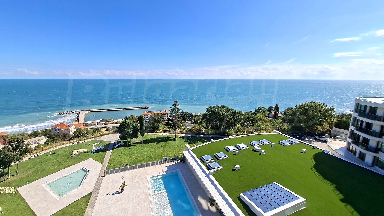pool, sea, green area, view from balcony, outside