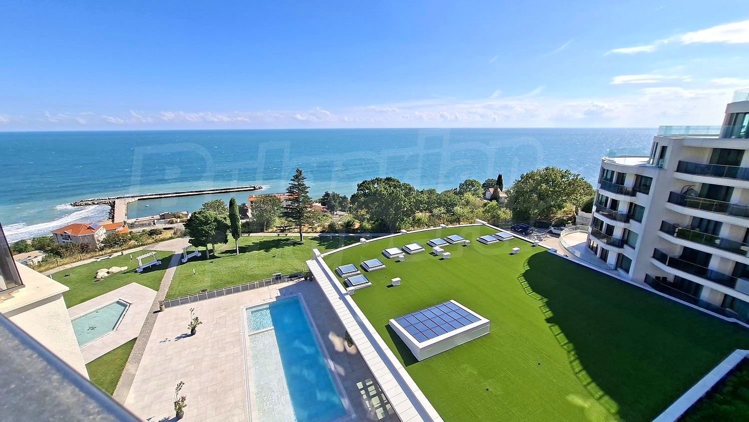 outside, pool, sea, view from balcony, facade, green area