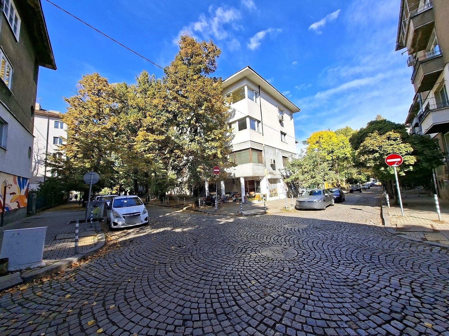 facade, outside, parking, green area