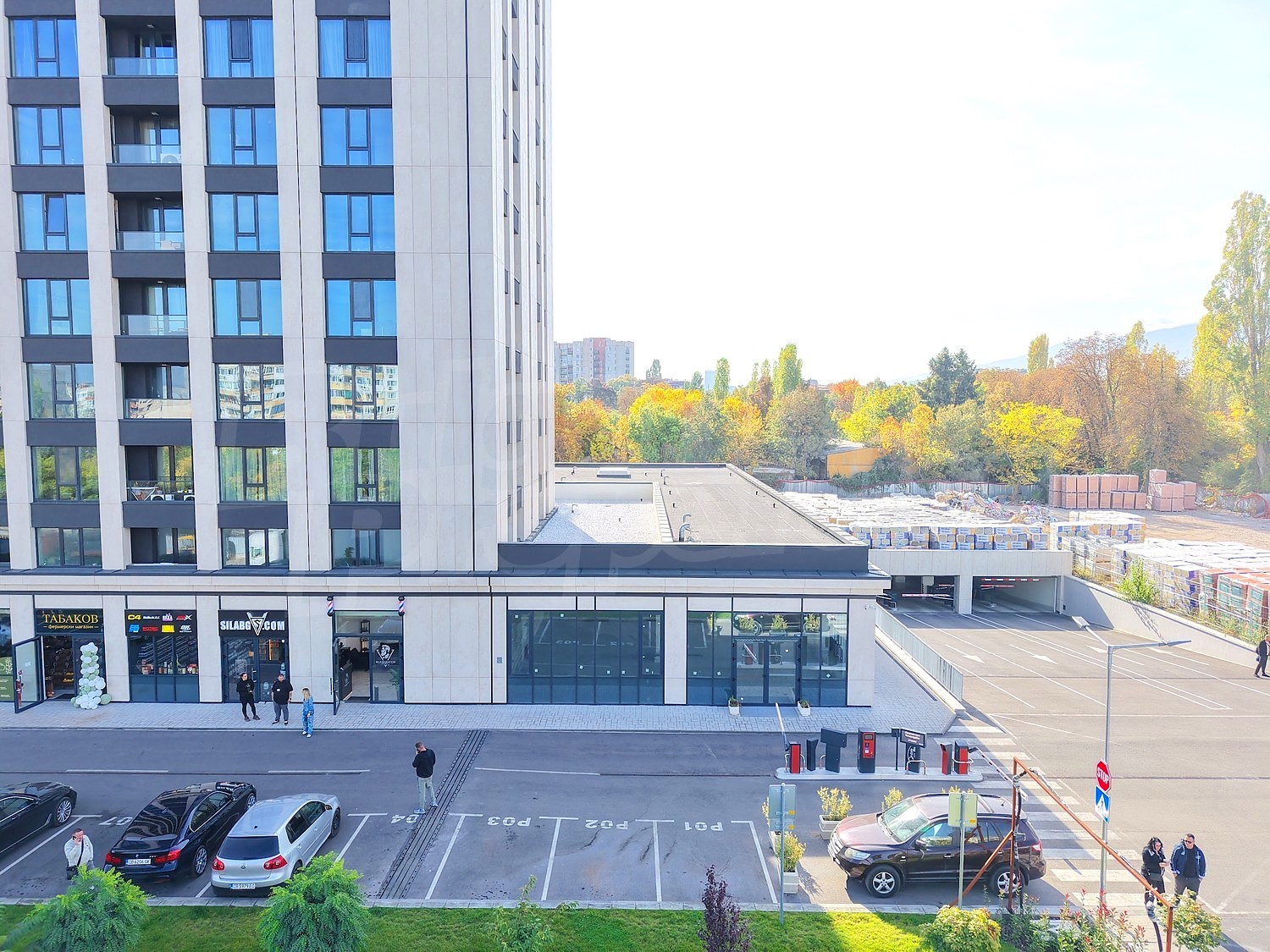 facade, parking, outside, green area