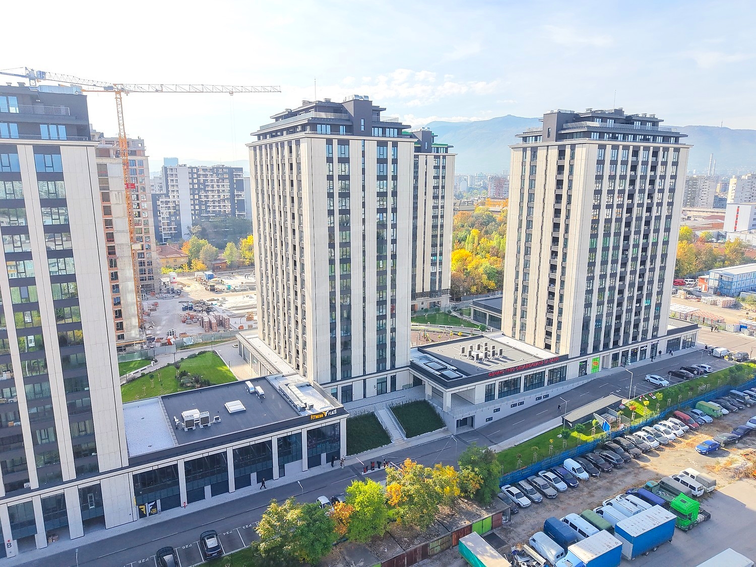 outside, facade, parking, mountain, green area