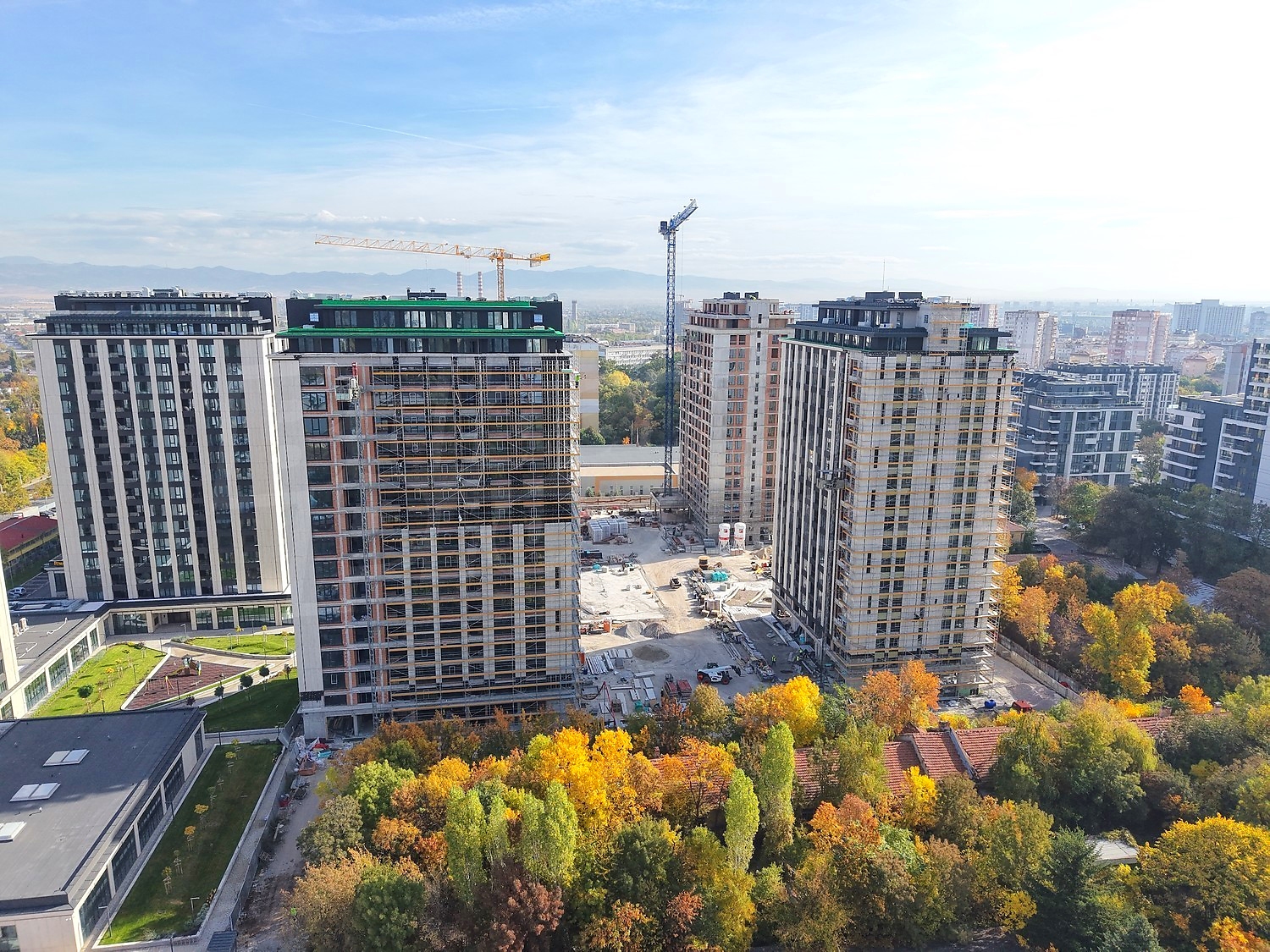 outside, facade, view from balcony, green area