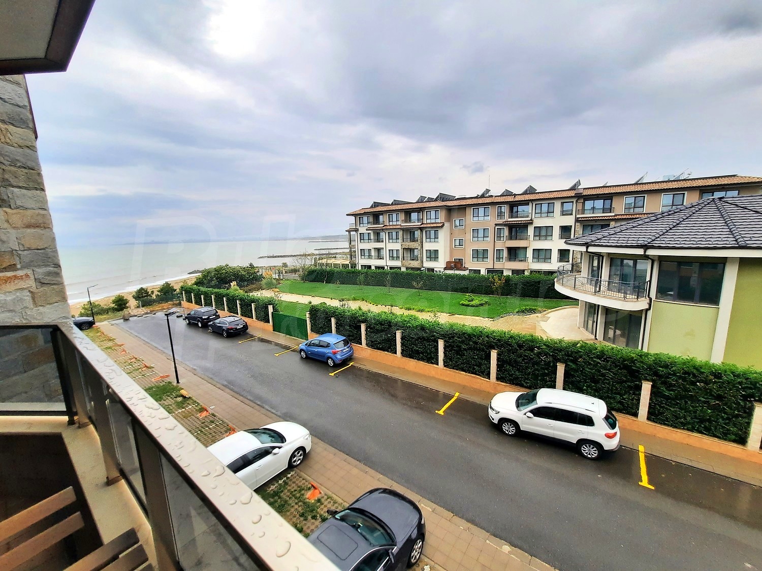 balcony, view from balcony, sea, facade, parking