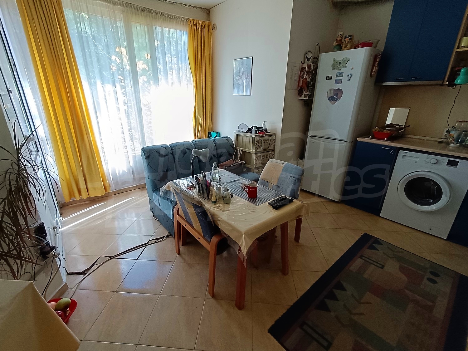 inside, kitchen, living room, furnished