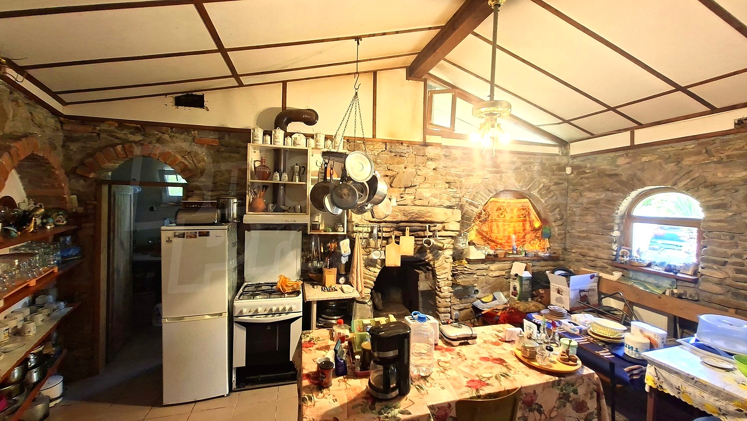 inside, kitchen, furnished, fireplace