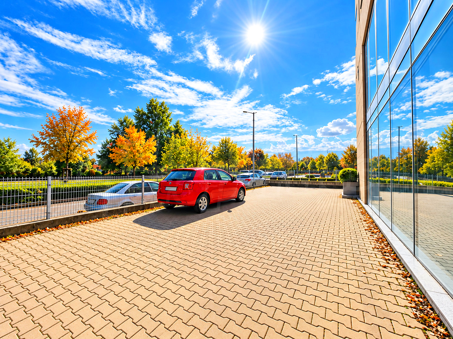 outside, parking, facade, green area