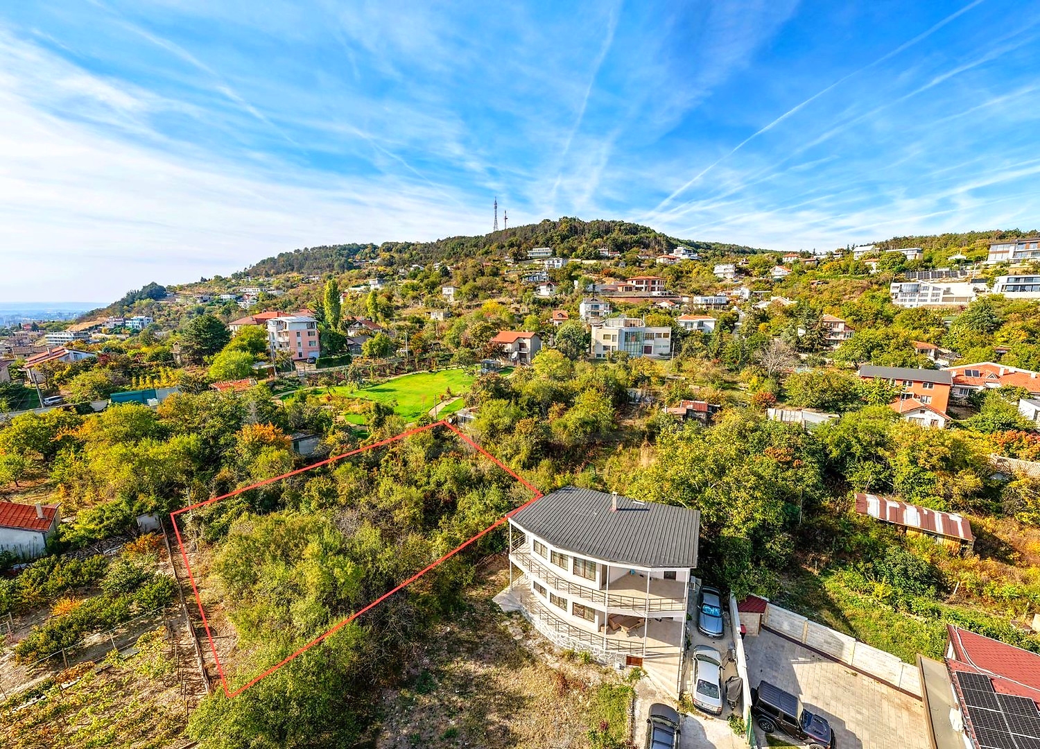 outside, mountain, green area, facade, parking
