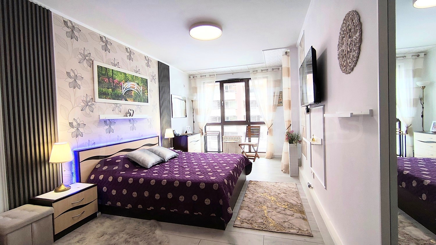 inside, bedroom, furnished, view from balcony
