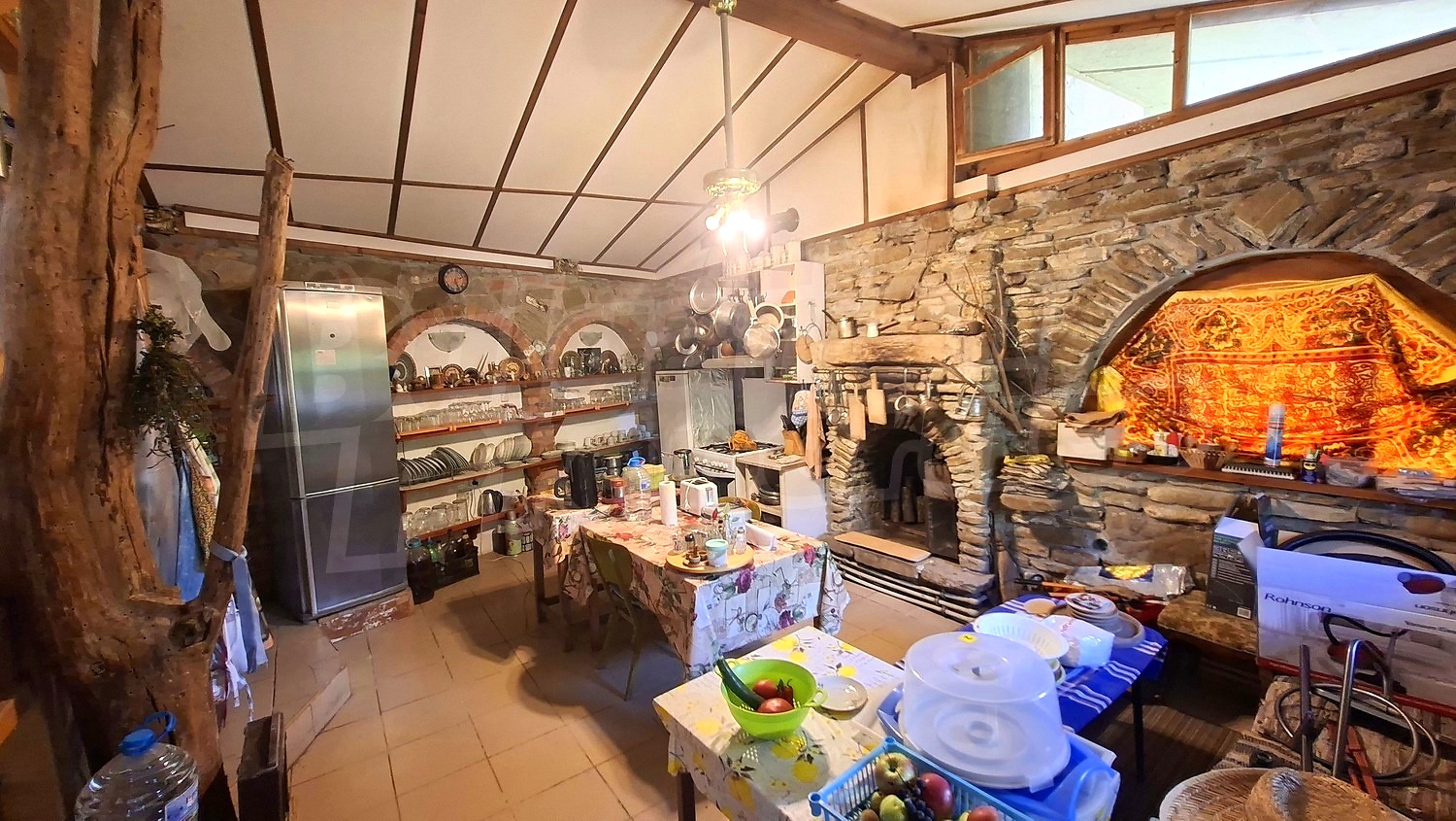 inside, kitchen, fireplace, furnished