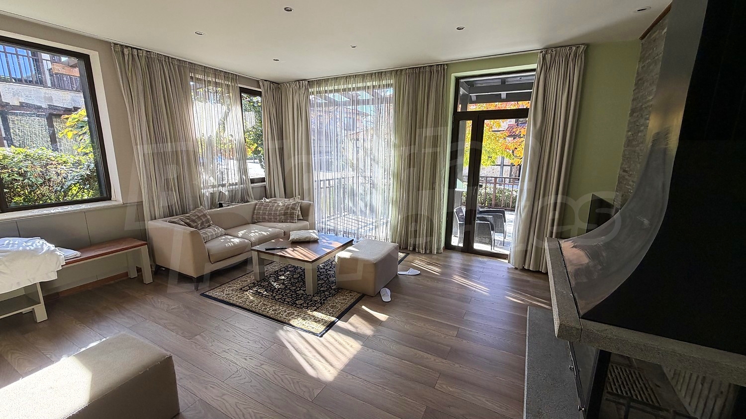 inside, living room, fireplace, balcony, furnished