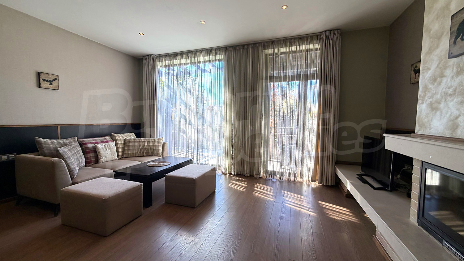 inside, living room, furnished, fireplace, balcony