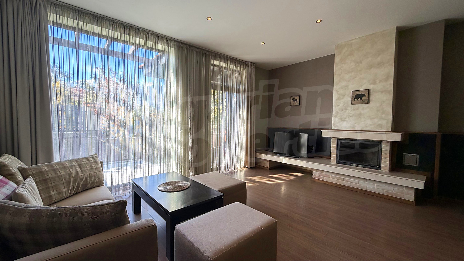inside, living room, furnished, fireplace