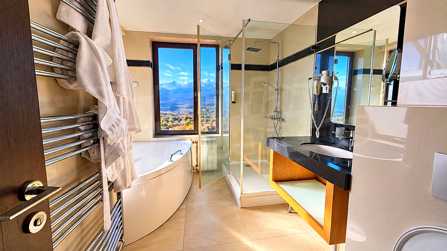inside, bathroom, view from balcony