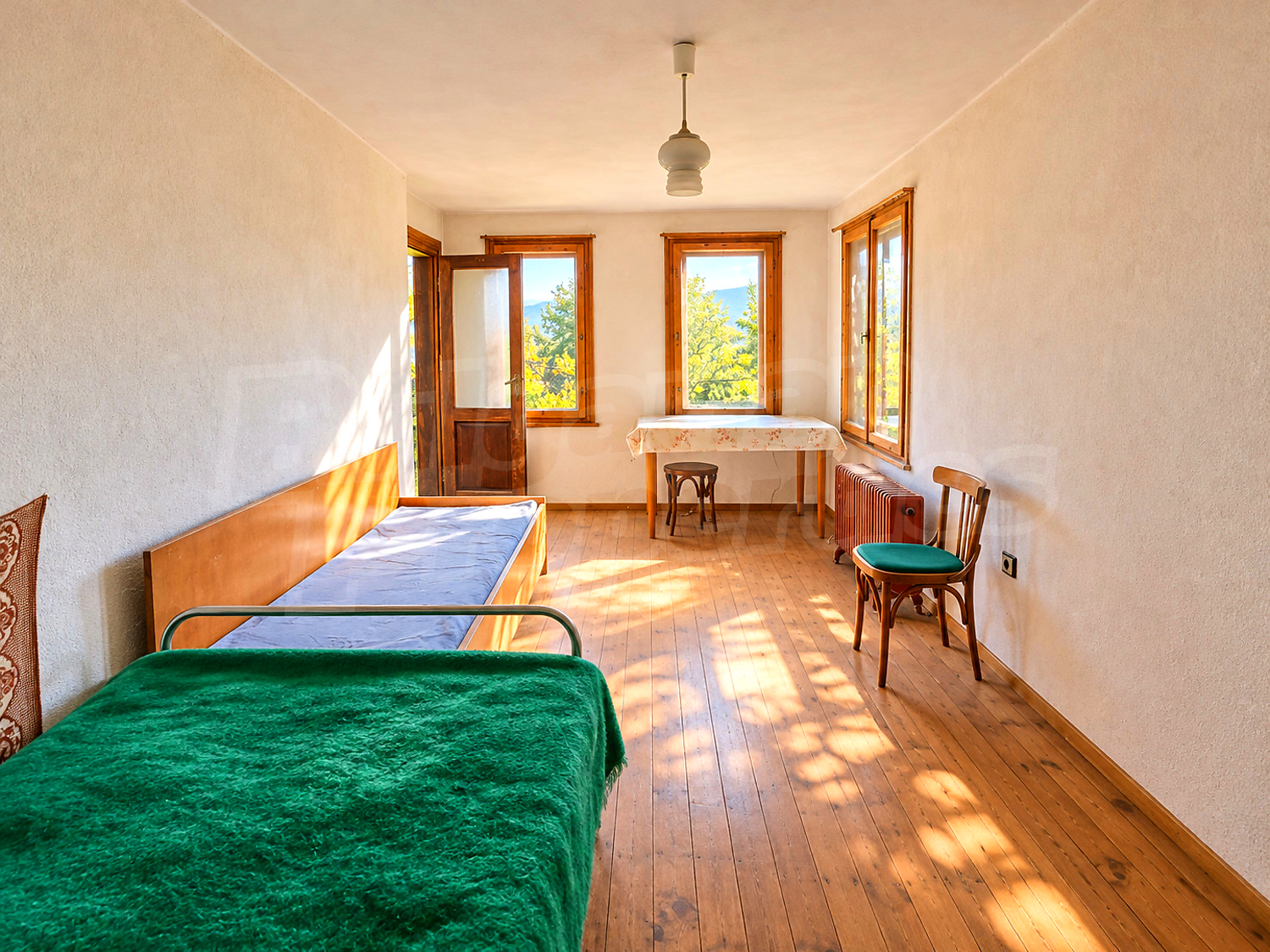 inside, bedroom, view from balcony