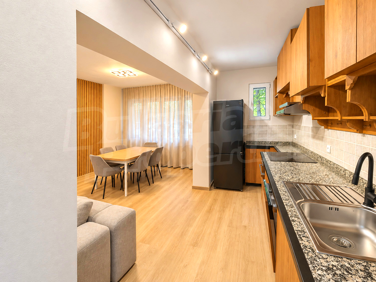 inside, kitchen, living room, furnished