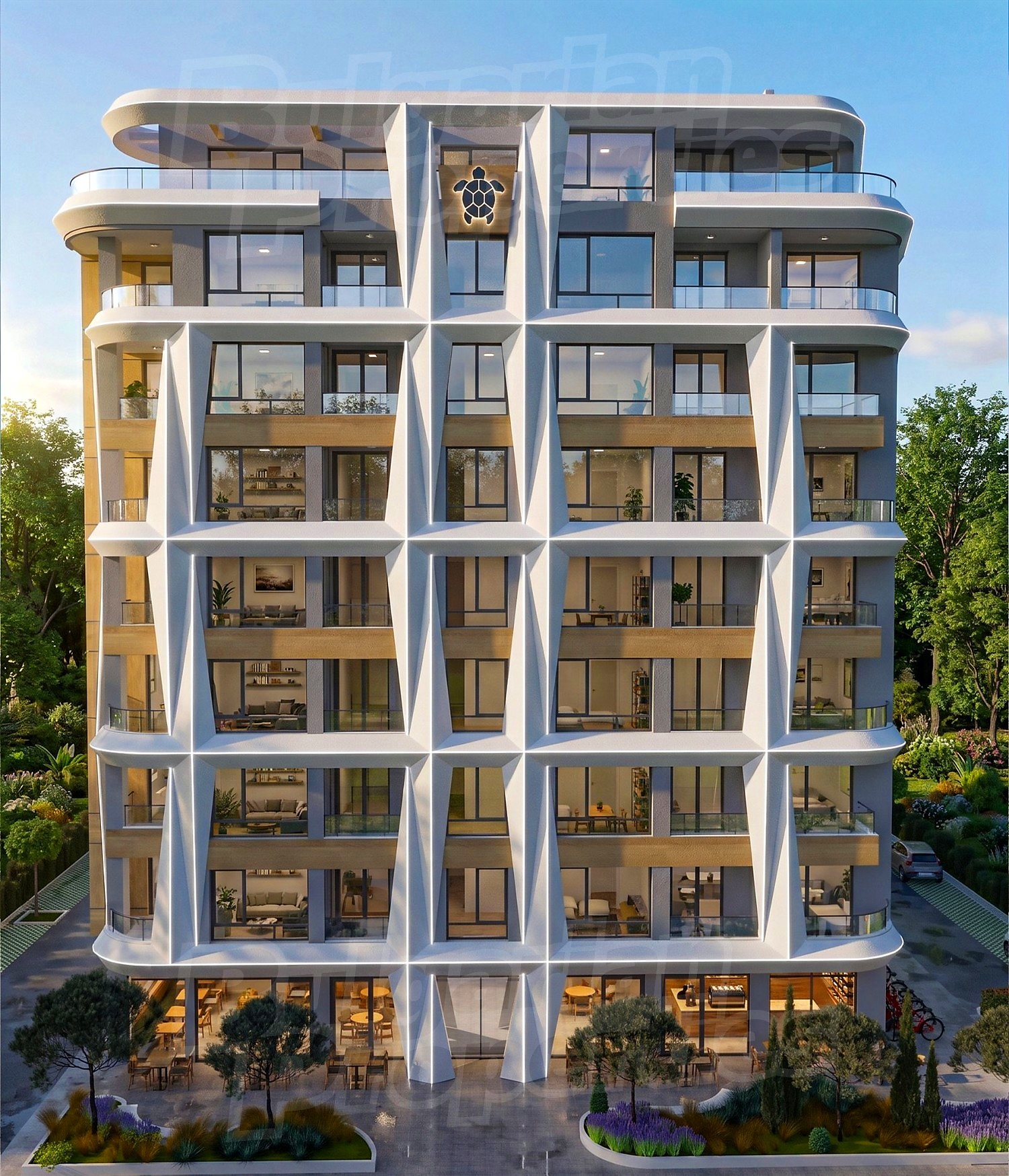 facade, outside, green area
