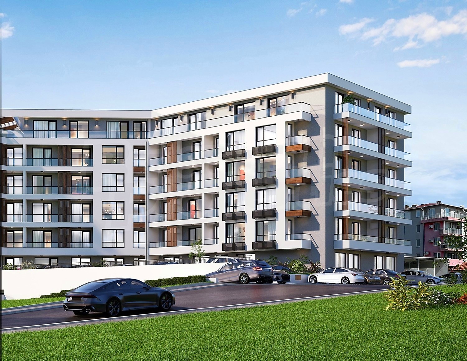 outside, facade, parking, green area
