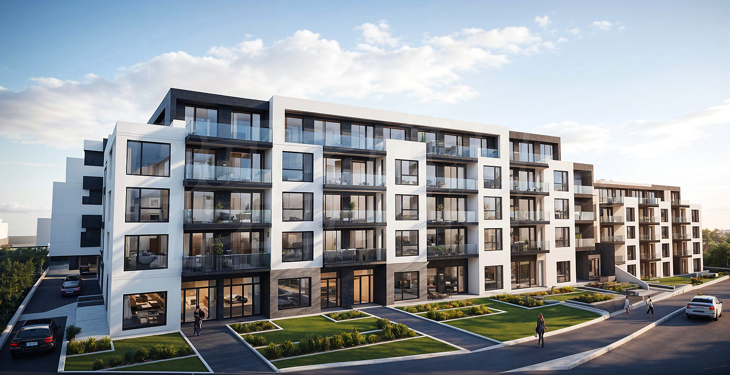 facade, outside, parking, green area