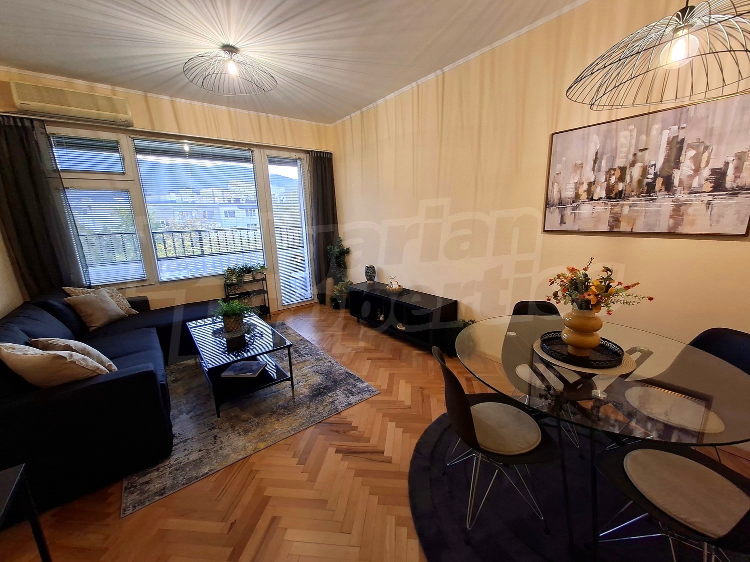 inside, living room, view from balcony, furnished