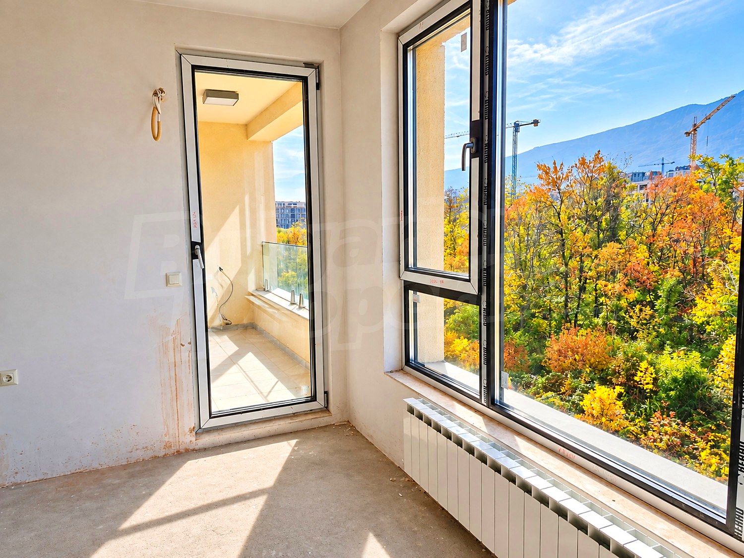 inside, balcony, view from balcony, mountain