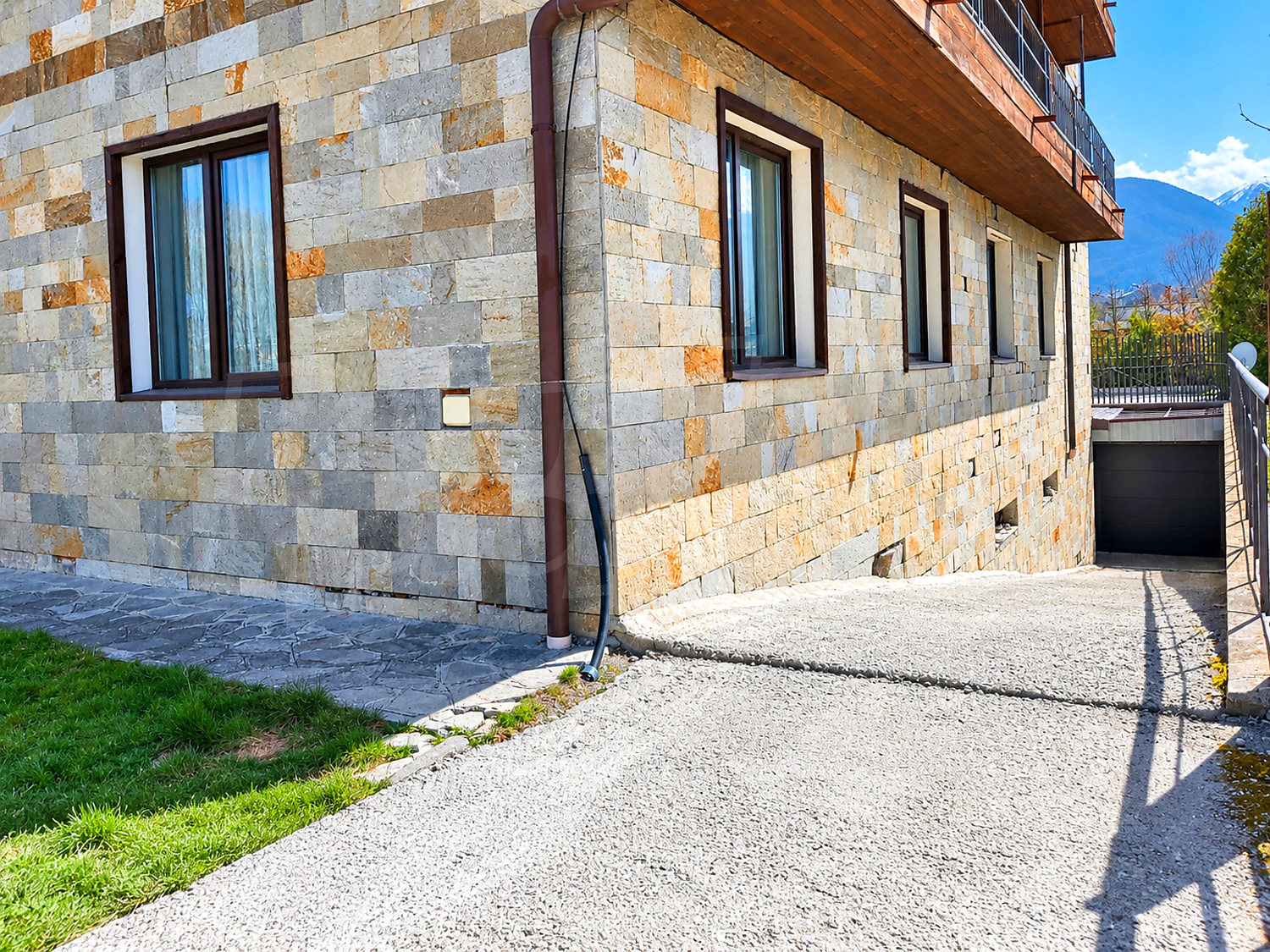 outside, facade, parking, mountain, green area