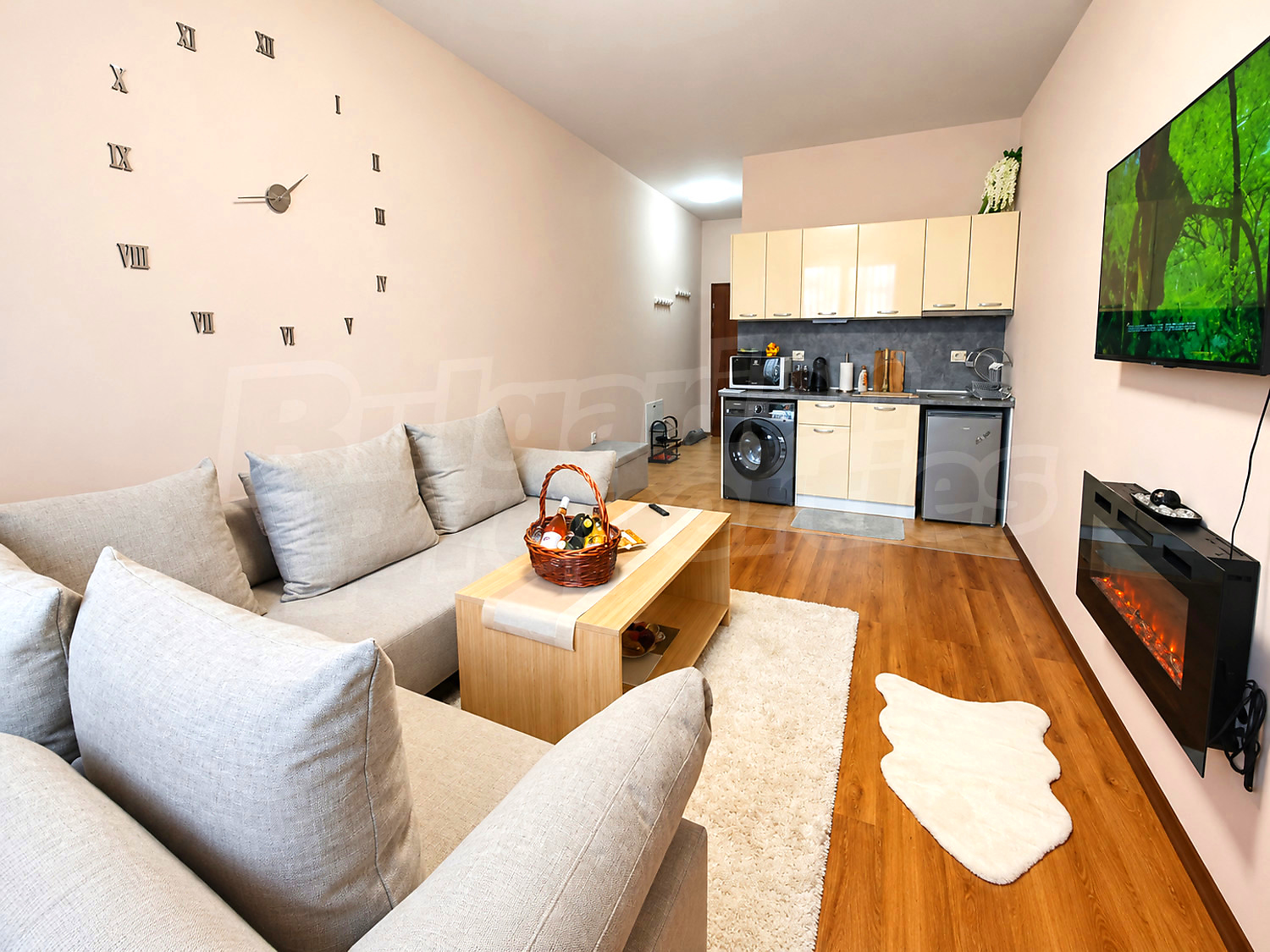 inside, living room, kitchen, furnished, fireplace