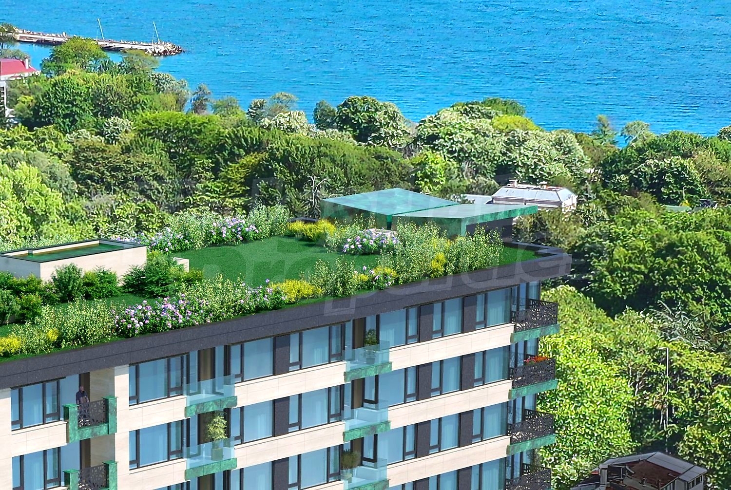 outside, green area, sea, facade