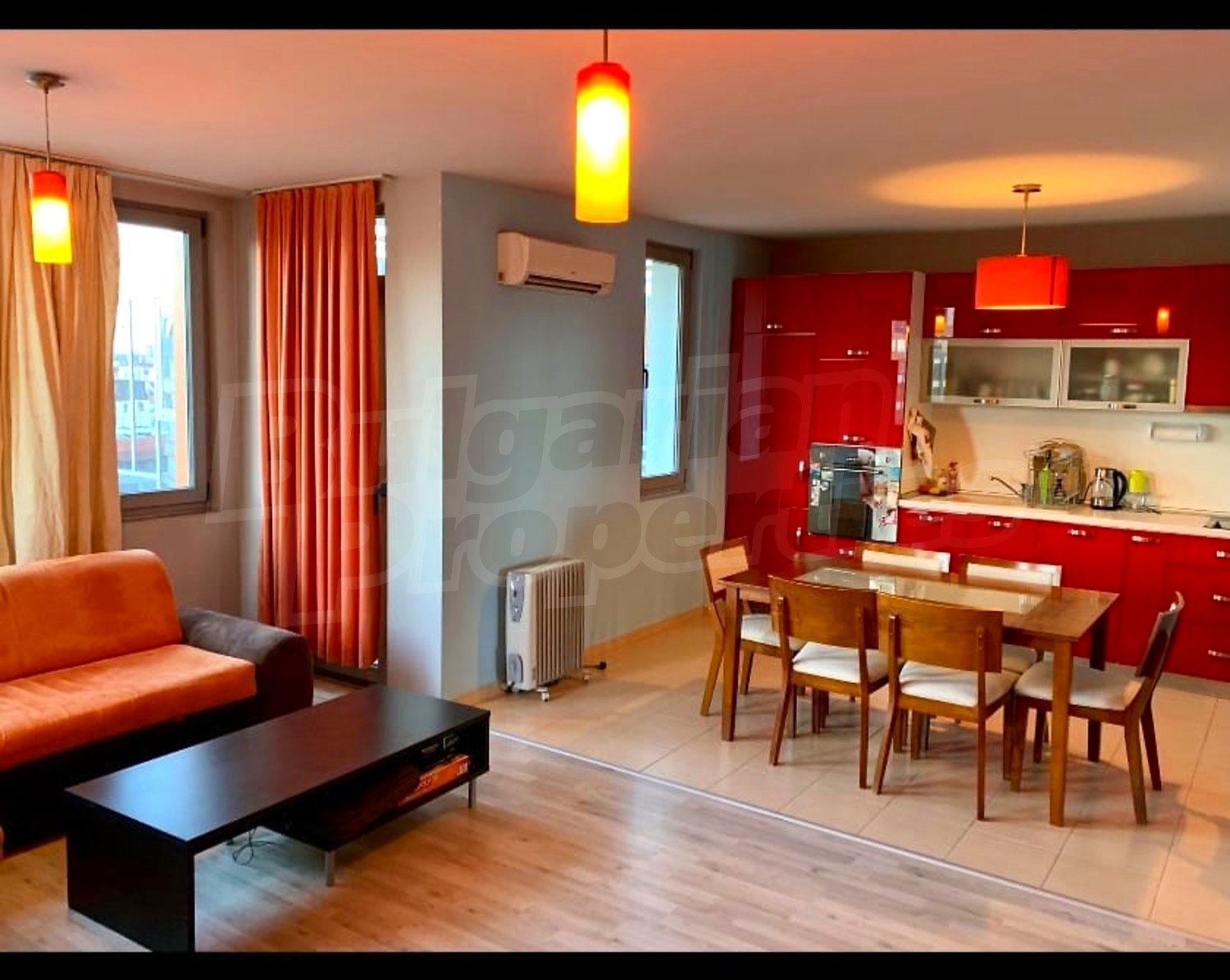 inside, kitchen, living room, furnished