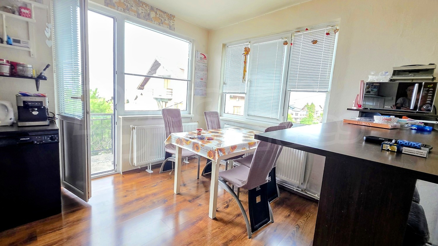 inside, kitchen, furnished, view from balcony