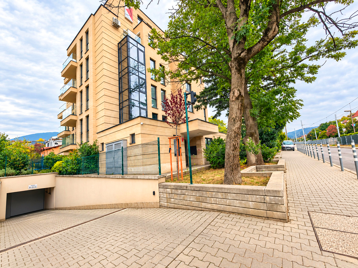facade, outside, green area